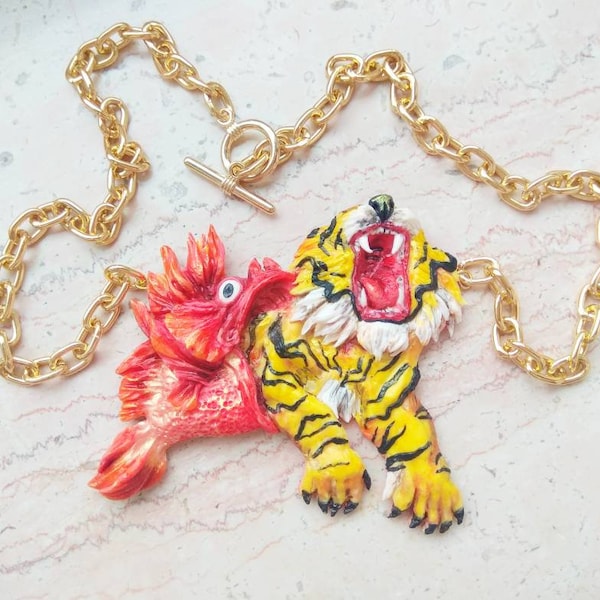 Salvador Dali necklace  surrealism, modern art painting jewelry, dream lion bee pomegranate