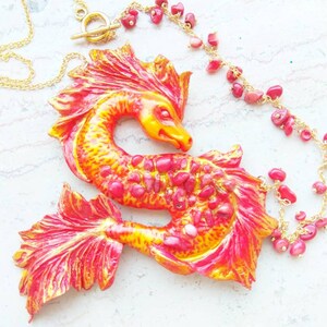 Dragon necklace red coral statement Fantasy animal fairytale jewelry Water dragon fire