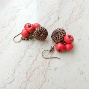 Autumn earrings acorn rowan berries red brown dangles