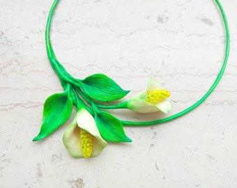 White lily bib necklace calla green leaf statement necklace