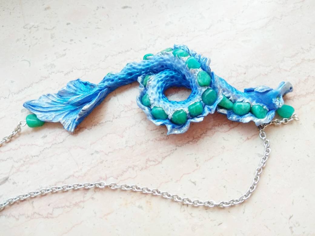 Blue water dragon necklace seahorse wearable art Etsy
