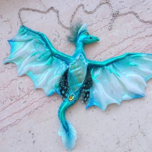 Dragon statement necklace green blue shell glittering