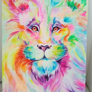 Wildlife painting colourful Lion Rainbow acrylic 60x80 cm for living room