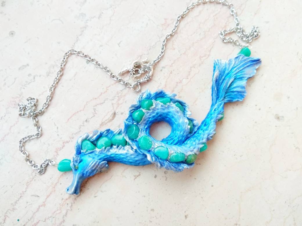 Blue water dragon necklace seahorse wearable art Etsy