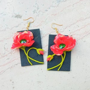 Colorful Flower earrings Poppies mismatched dangles statement summer accessories unique gift for women