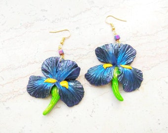 Statement iris earrings black flower dangles colorful oversized earrings lilac purple jewelry gift for women unique