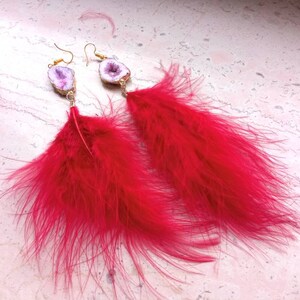 Long Earrings Feather red Quartz pink Rock Crystal