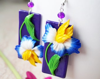 Blue iris flower earrings statement colorful summer accessories