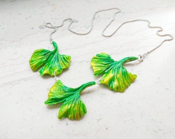 Spring green leaf necklace Ginkgo Biloba pendant palm monstera