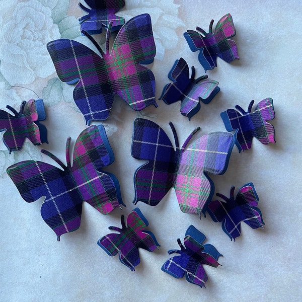 Mix Of 17 Pride Of Scotland Tartan & Shimmer Paper 3D Butterfly Wedding Confetti Table Decoration Toppers Burns Night