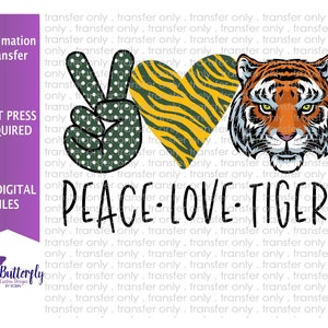 Transferencia de sublimación- Listo para imprimir- Peace Love Tigers - Oro Verde