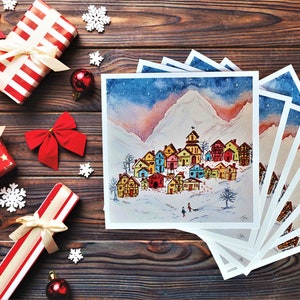 Carte de Vœux, Village, Hiver, Neige, Montagne, laïque
