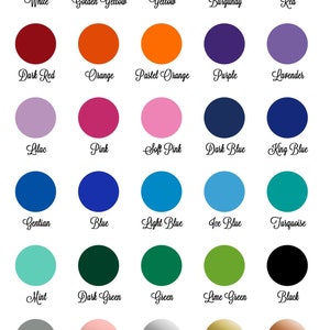 May include: A color chart with 25 different colors, including white, golden yellow, yellow, burgundy, red, dark red, orange, pastel orange, purple, lavender, lilac, pink, soft pink, dark blue, king blue, gentian, blue, light blue, ice blue, turquoise, mint, dark green, green, lime green, black, middle grey, rose gold, silver metallic, gold metallic, and copper metallic.