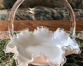 Vintage 50s Milk Glass Silver Crest Basket Bowl, Clear quot Bamboo quot Handle and Ruffled Edge, Fenton Art Glass Basket Bowl, Centrepiece Basket