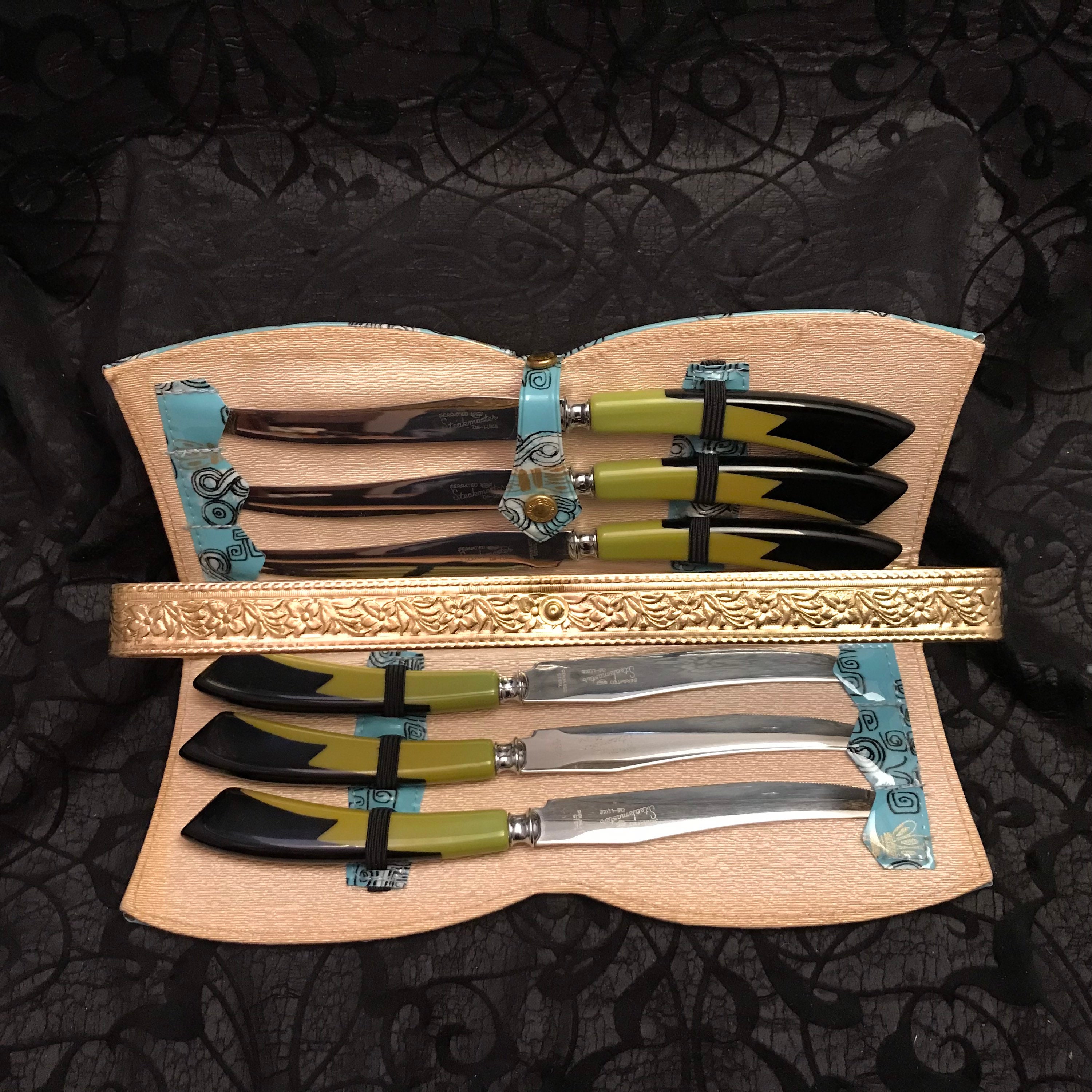 Laguiole California Steak Knives - 6 Piece Rosewood Set - Ergonomic Handles  - Stored in a California Oakwood Gift Box - Extremely Sharp Straight Steel