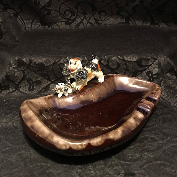 50s Anthropomorphic Spaghetti Dog Ceramic Ashtray, Cocker Spaniel and Puppy, Brown Spaghetti Dog Ashtray