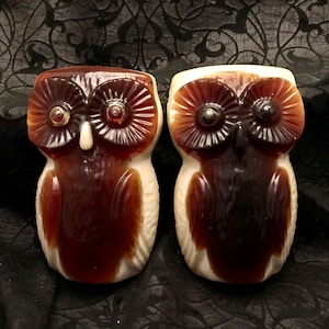 Vintage 70s Lucite Resin Owl Wall Plaques, Set of Two, Brown and Beige, Anthropomorphic Owls