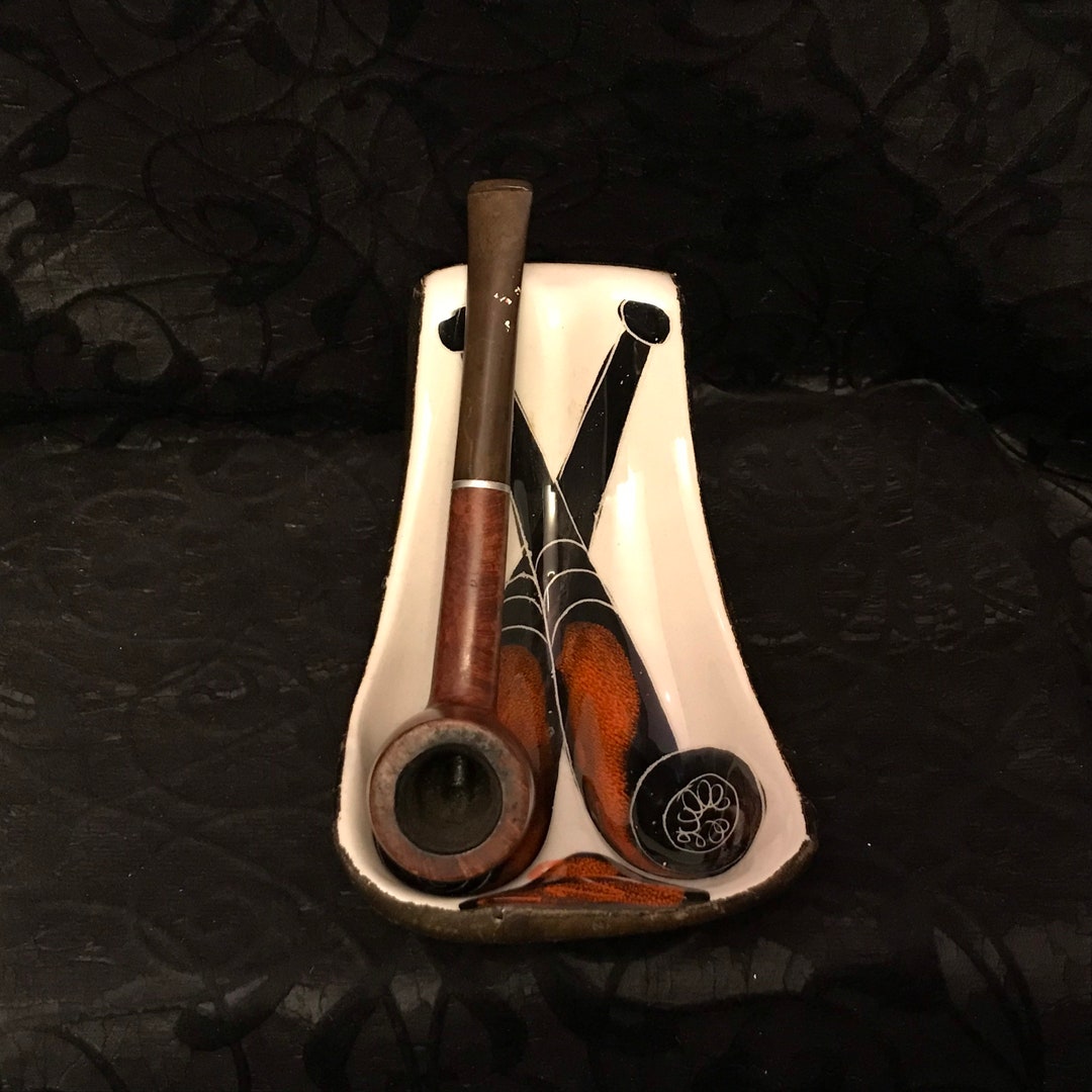 Vintage 50s Double Pipe Holder, Ceramic Pottery and Leather, Made in