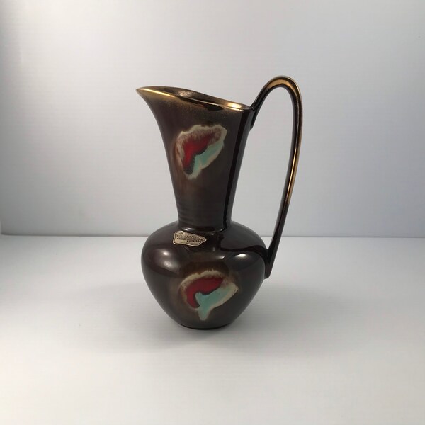 Vintage 50s Carstens Handled Vase, Tonnieshof Qualitative Ceramic, West Germany, Brown Turquoise Maroon Gold