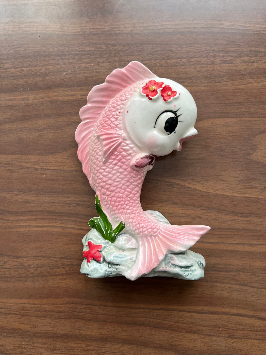 50s Pink Anthropomorphic Ceramic Fish, Bathroom Wall Art, Pink Ceramic