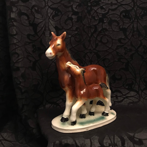 Vintage 60s Ceramic Horses Figurine, Mare and Foal, Mare and Colt, Chestnut Brown