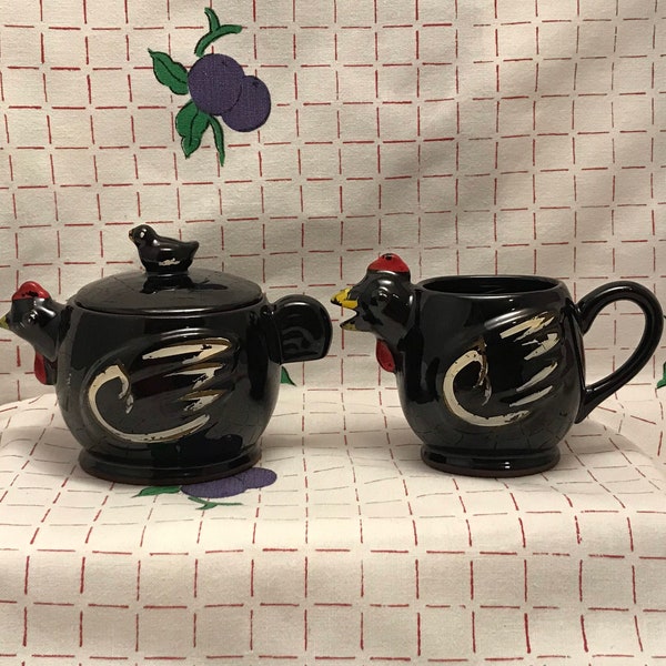 vintage années 50 Black Redware Chicken Cream et Lidded Sugar Set, Japon