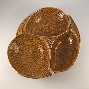 Vintage 60s Divided Serving Dish, Three Compartments, Maurice of California Pottery, USA, Mustard Golden Yellow and Gold