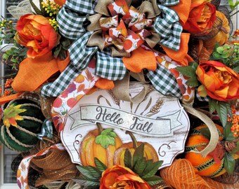 Fall Wreath, Orange and Green Autumn Wreath, Hello Fall Swag, Fall Pumpkin Wreath, Rustic Autumn Wreath, Fall Front Door Wreath, Fall Swag