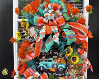 Fall Wreath, Autumn Orange And Aqua Wreath, Welcome To Our Home Fall Wreath, Fall Truck With  Pumpkins, Autumn Sunflowers And Pumpkin Wreath