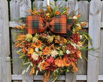 Autumn Wreath, Fall Wreath, Extra Large Fall Wreath, Thanksgiving Wreath, Pumpkin Wreath, Plaid Bow Autumn Wreath, Fall Floral Wreath,