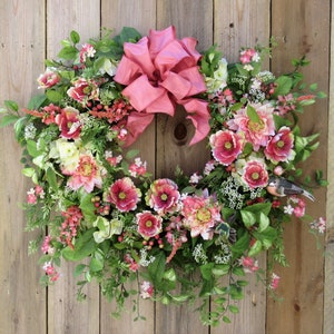 Traditional Summer Wreath, Vintage Floral Wreath, Romantic Wreath, Mother's Day Wreath, Coral Floral Wreath, Everyday Wreath, image 1