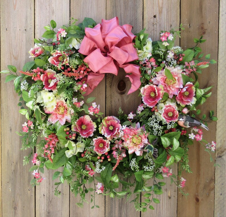 Traditional Summer Wreath, Vintage Floral Wreath, Romantic Wreath, Mother's Day Wreath, Coral Floral Wreath, Everyday Wreath, image 1