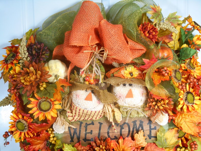 Fall Wreath,Harvest Wreath,Autumn Mesh Wreath,Fall Mesh Wreath,Sunflower Wreath, Fall Deco Mesh Wreath,Scarecrow Wreath,Welcome Fall Wreath, image 2