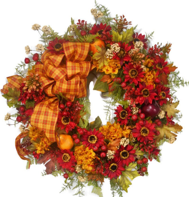 Autumn Wreath, Fall Fruit Wreath, Fall Floral Wreath, Harvest Wreath, Thanksgiving Wreath, Sunflower Wreath, Gold Hydrangea Wreath image 9