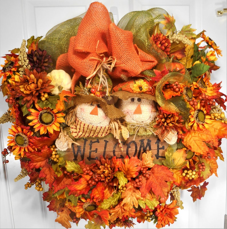 Fall Wreath,Harvest Wreath,Autumn Mesh Wreath,Fall Mesh Wreath,Sunflower Wreath, Fall Deco Mesh Wreath,Scarecrow Wreath,Welcome Fall Wreath, image 1