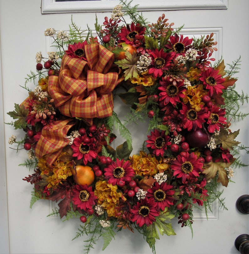 Autumn Wreath, Fall Fruit Wreath, Fall Floral Wreath, Harvest Wreath, Thanksgiving Wreath, Sunflower Wreath, Gold Hydrangea Wreath image 1