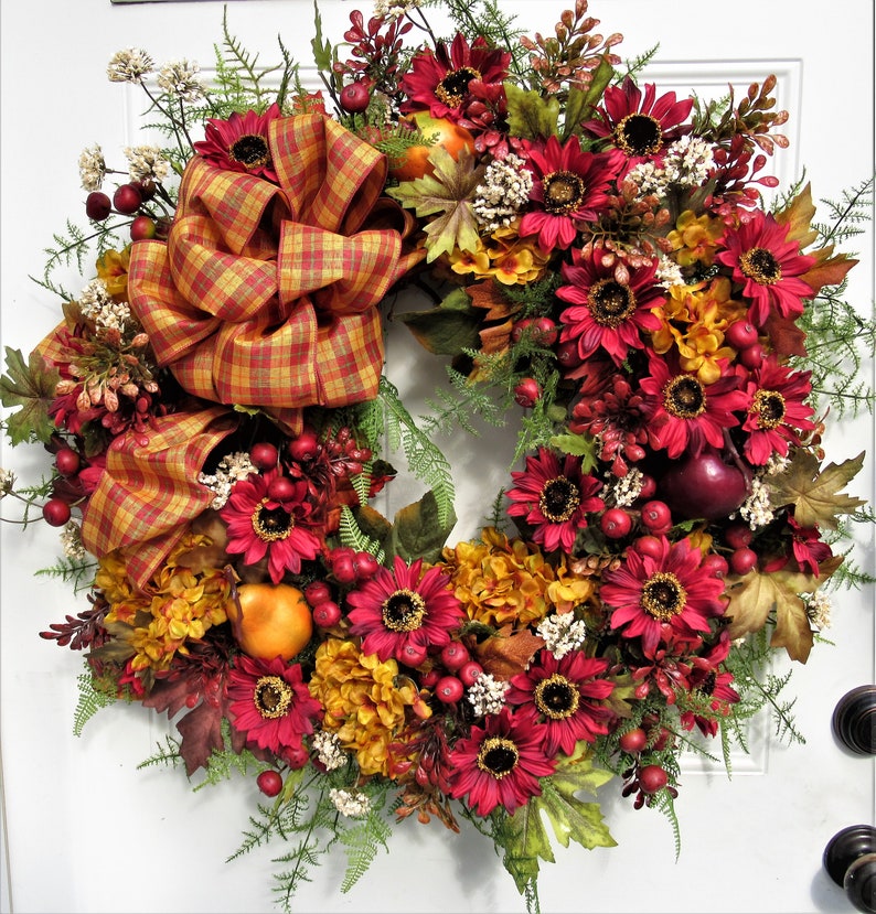 Autumn Wreath, Fall Fruit Wreath, Fall Floral Wreath, Harvest Wreath, Thanksgiving Wreath, Sunflower Wreath, Gold Hydrangea Wreath image 7