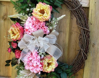 Elegant Summer Rose Wreath, Summer Floral Wreath, Pink Hydrangea Wreath, Victorian Summer Rose Wreath, Yellow Rose Summer Wreath,