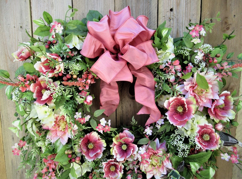 Traditional Summer Wreath, Vintage Floral Wreath, Romantic Wreath, Mother's Day Wreath, Coral Floral Wreath, Everyday Wreath, image 2
