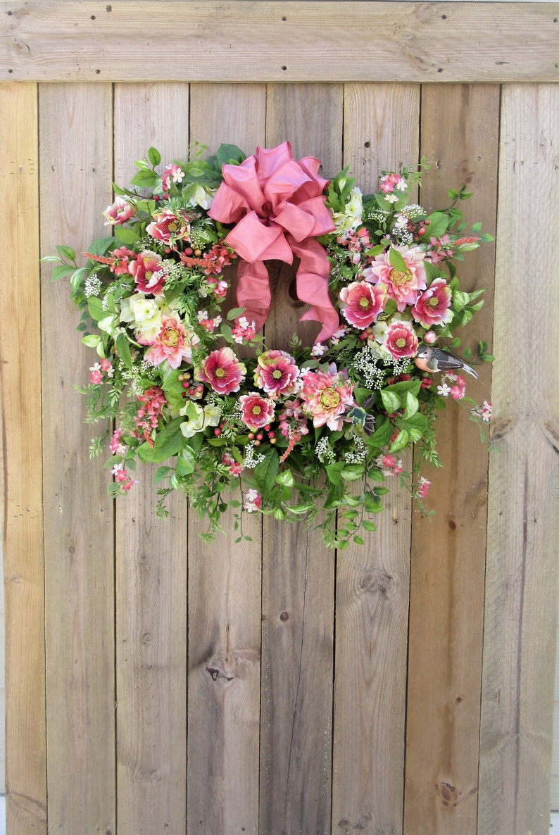 Traditional Summer Wreath, Vintage Floral Wreath, Romantic Wreath, Mother's Day Wreath, Coral Floral Wreath, Everyday Wreath, image 9