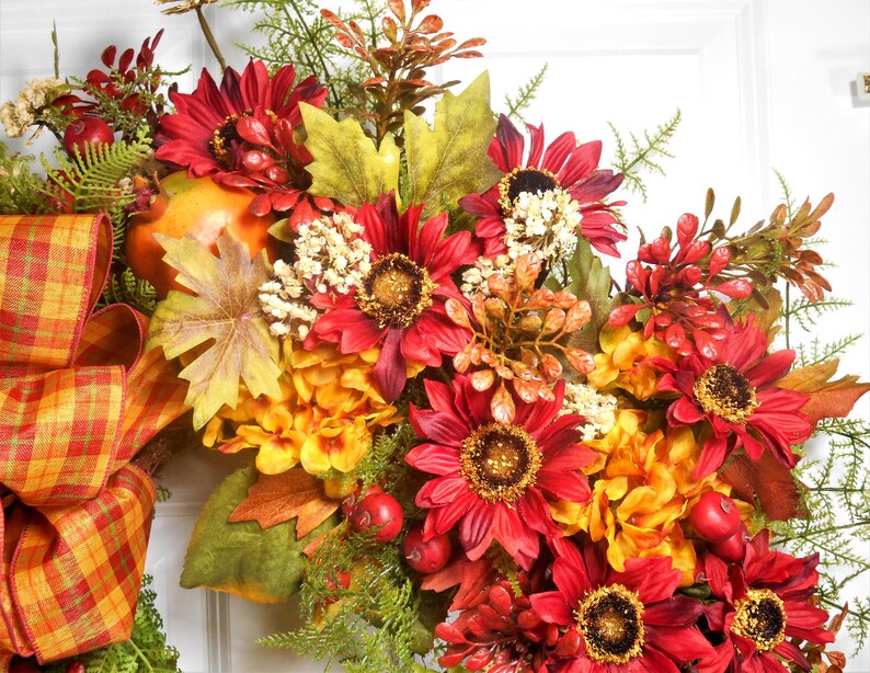 Autumn Wreath, Fall Fruit Wreath, Fall Floral Wreath, Harvest Wreath, Thanksgiving Wreath, Sunflower Wreath, Gold Hydrangea Wreath image 3