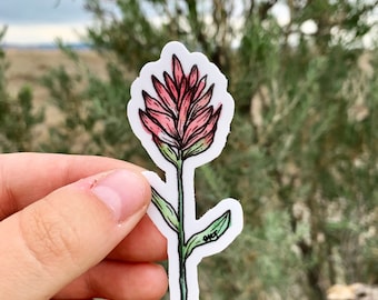 May include: A sticker featuring a detailed illustration of a pink and red wildflower with green leaves and stem. The sticker has a white border and is held against a blurred natural background. The flower design includes the artist's signature.