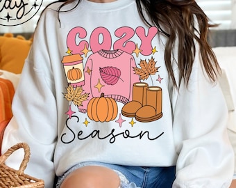 Cozy Season PNG, Digital Download, Sublimation, Sublimate Fall, Autumn, pumpkin, spice, leaves, cute, retro
