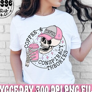Kaffee und Verschwörungsmythen PNG, digitaler Download, Sublimation, Sublimieren, Becher, frech, bissig, lustig, Aluhut, Schädel, Skelett,