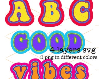 4 Layered Font SVG, Groovy Font PNG, Good Vibes, Retro Cut file