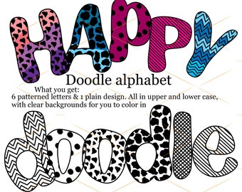 Set of 7 Doodle Letters Bundle, Font Bundle, Sublimation Download, Clipart Alphabet, Printable Letters, Transparent Letters,