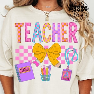 Insegnante PNG, Download digitale, Sublimare, Sublimazione, apprezzamento per la fine del ritorno a scuola, insegna un grazioso design di maglietta con fiocco a quadri