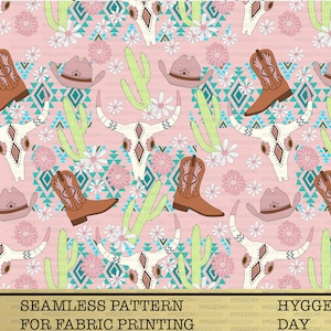 Western Cowgirl Fabric: Boho Cactus Boots Seamless Pattern (Digital Print)