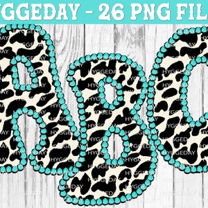 Letras del alfabeto con estampado de vaca de piedras preciosas turquesas, descarga sublimada, retro, country, occidental, vintage, piel, guepardo, estampado animal, alfabeto