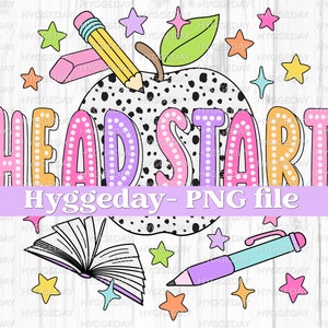 Head Start PNG, digitale download, sublimeren, sublimatie, terug naar school, leraar, Dalmatische, stippen, kinderen, schattig, doodle, appel, potlood,